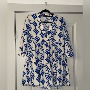 Zara White Dress with Blue Leaf Pattern
